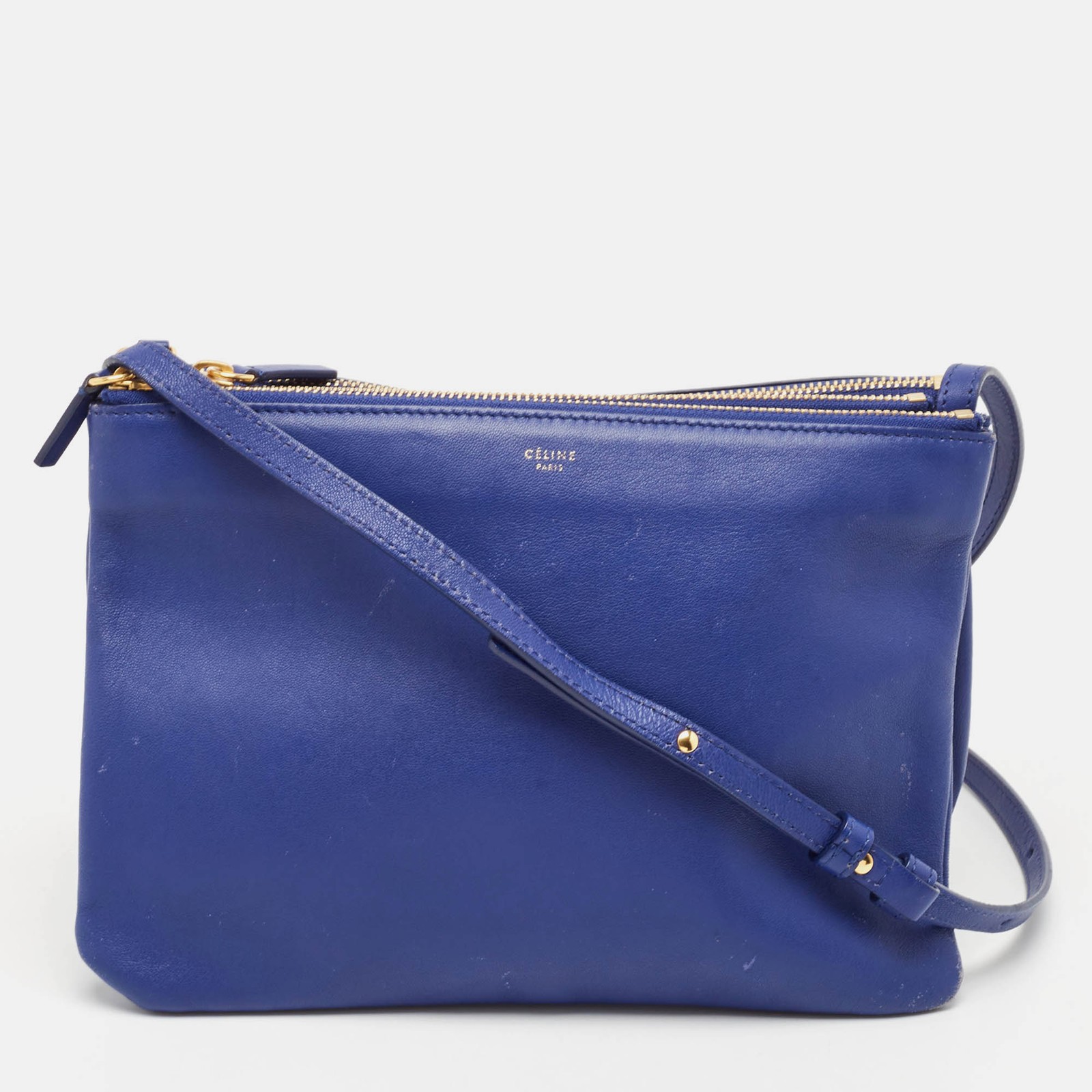 Celine Blue Leather Large Trio Zip Crossbody Bag  