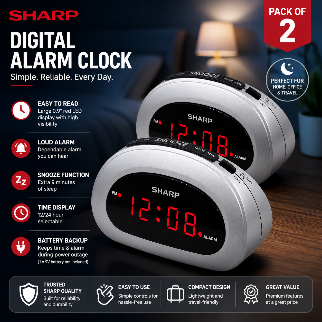 Digital Sharp Alarm Clock, Cosmic Silver, Easy to Set Controls, Red LED Display
