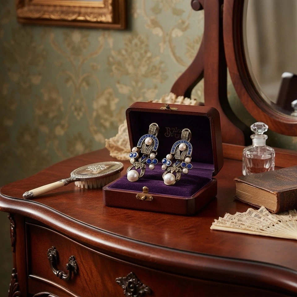 Museum Pearl Antique Earrings Geometric Court Palace Gold Art CZ VTG Medieval - Image 2 of 4