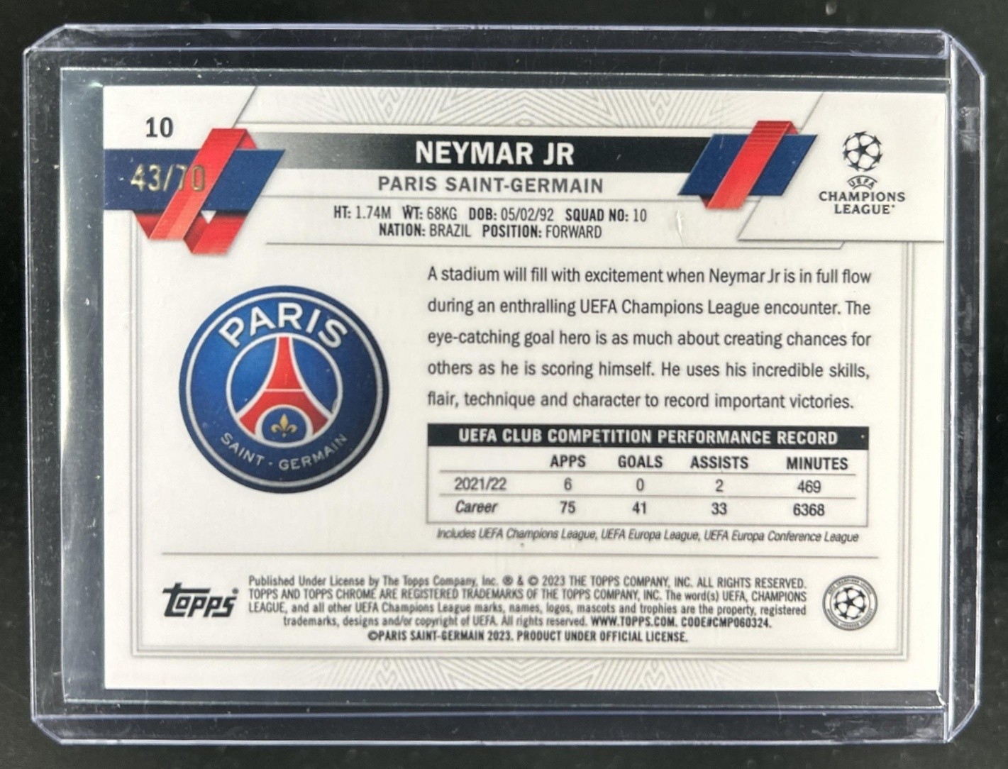 2022-23 Topps Chrome Sapphire UEFA Neymar Jr Green Refractor #/70 PSG view 2