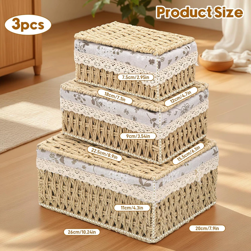 Set Di 3 Cestino Portaoggetti Con Coperchio, Cestini Vimini Intrecciato a Mano, - Immagine 2 di 4