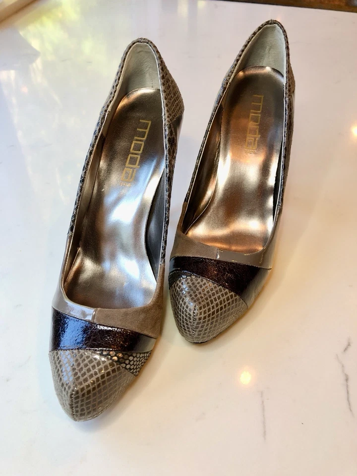 Preciosos Tacones Altos MODA Cuero Gris Multi Patrón 7.5M Foto 2 de 4