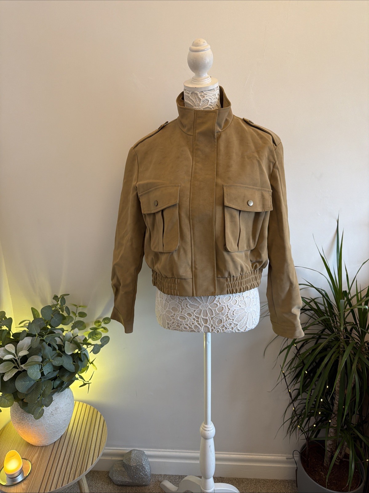 Glamify Size L Jacket Lined Cropped Tan Brown Bomber Leather SuedeFeel Military
