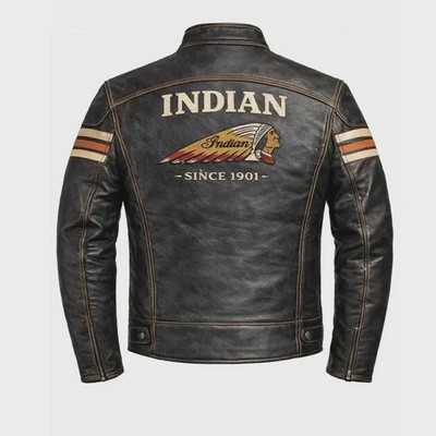 Men's Indian Motorcycle Distressed Leather Genuine Cowhide Biker Leather Jacket