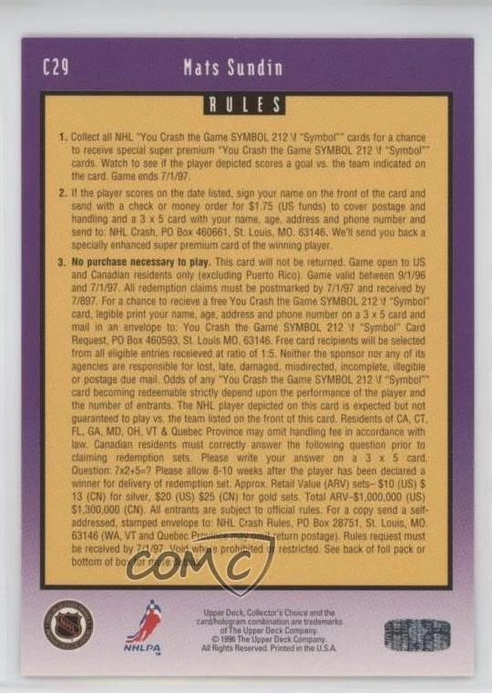 1996-97 Collector's Choice You Crash the Game Mats Sundin (vs Florida) #C29 HOF - Image 2 of 2