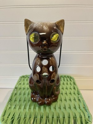 Inarco Redware Drip Halloween Cat Yellow Marble Eye Lantern Votive Candle Holder