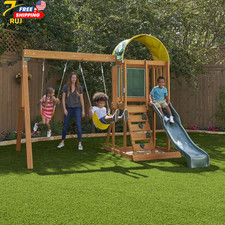 Wooden Outdoor Playset Swing Set with Rock Wall Slide Chalk Wall Canopy Wood