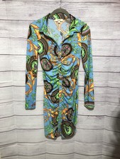 Love J Multicolored Blue L/S Bodycon Dress Collar Buttonup Stretchy Size S EUC
