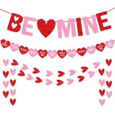 Valentines Day Decorations, No DIY Glitter Red Pink Be Mine Banner Hollowed C...