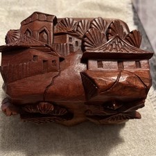 Wooden Hand Carved 3D Trinket Jewelry Box Brown Raised village Detailed- VTG-EUC