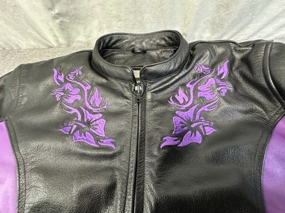 Xelement Ladies XL Gemma Black Purple Leather Motorcycle Embroidered Jacket