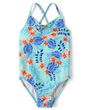 The Children s Place Girls Swimsuit Size L 10/12 Mellow Aqua Tropical Cross Back