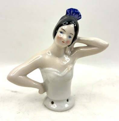 Antique Porcelain Half Doll Flapper Pincushion Figure German Style 3in Bust