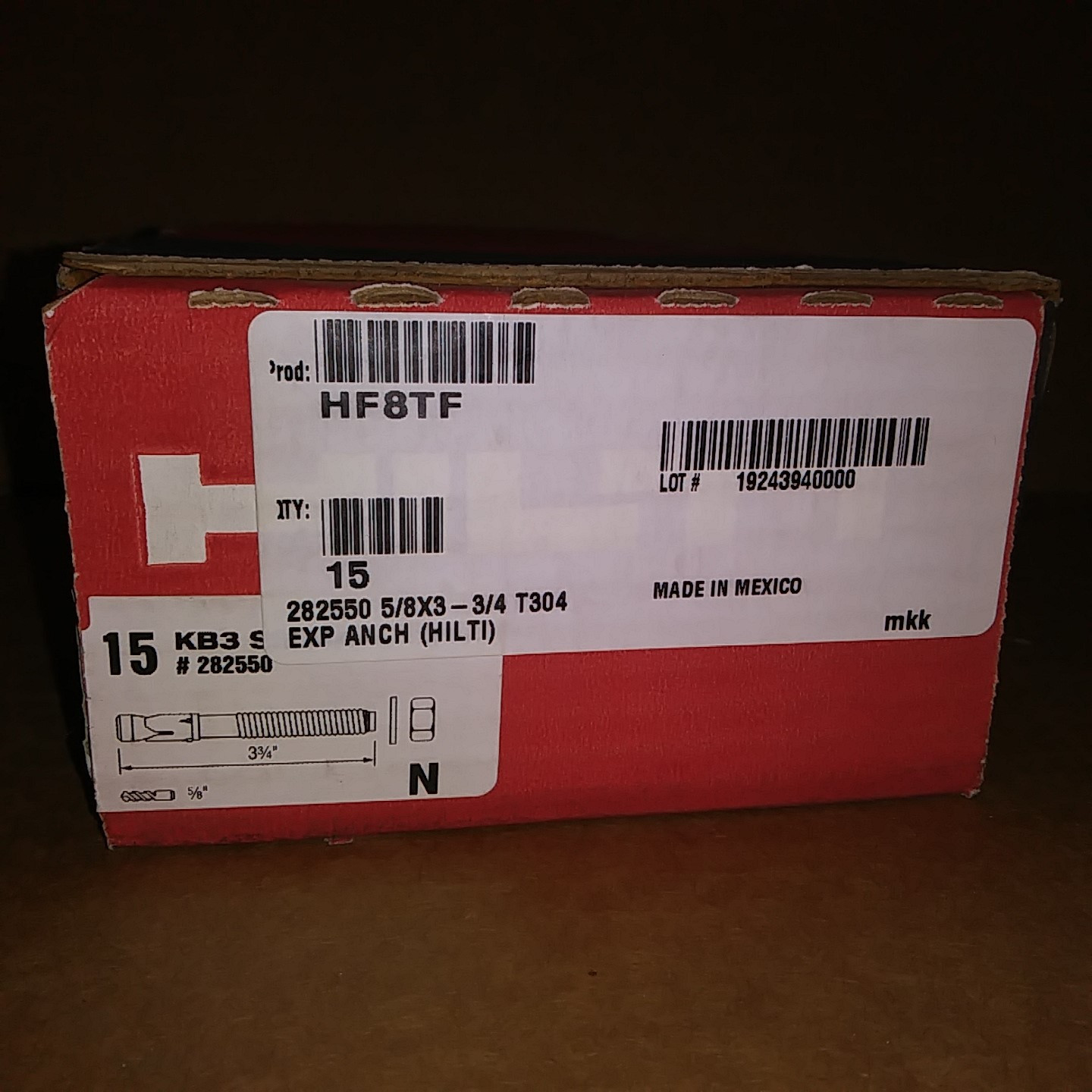 Hilti KB3 KWIK Bolt 3 Expansion Anchor 5/8 x 3-3/4 #282550 (15 PCS/BOX) Factory img