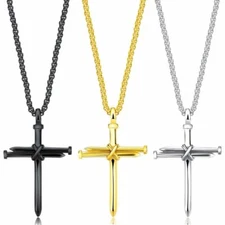 Mens Gold Silver Nail Cross Pendant Necklace Chain Black Stainless Steel Christ