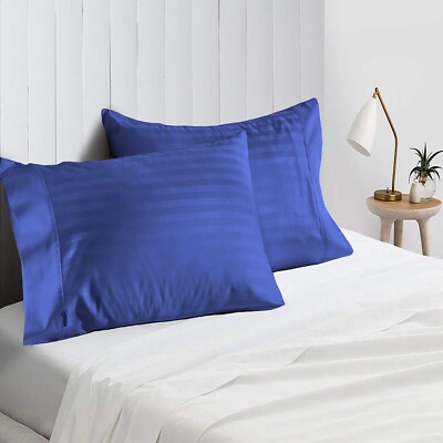 4 PCs Pillow Case Set 1200  TC 100% Cotton Royal Blue Stripes Queen Size