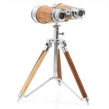 Ancien télescope binoculaire marin nautique en laiton sur pied trépied en boi...