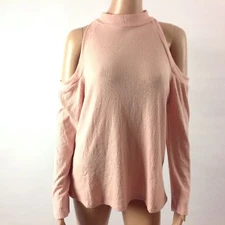 Le Kate 1X Womens Cold Shoulder Knit Top Stretch Ribbed Mock Neck Pink. Shirt