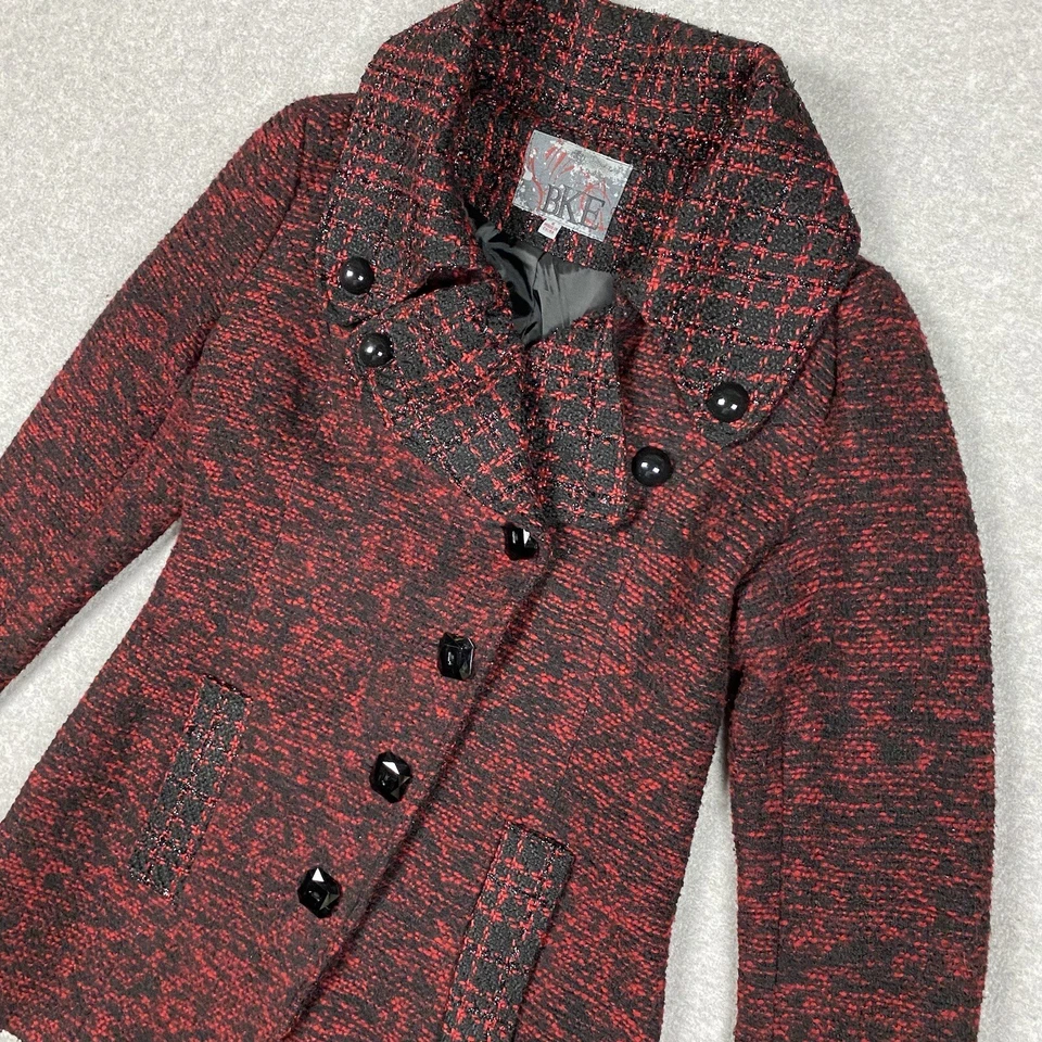 Abrigo BKE Mezcla Lana Guisante Rojo Negro Cuadros Doble Pecho Para Mujer Talla S Foto 3 de 4