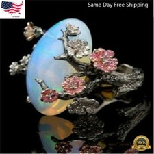 White Fire Opal Simulated Ring for Women Wedding Party Silver Jewelry Size 6-10