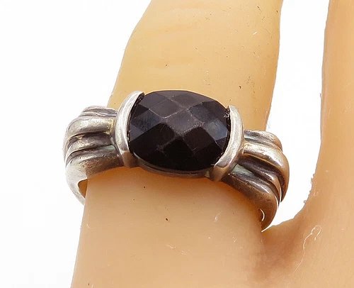 925 Silver & 18K GOLD  Vintage Faceted Black Hematite Band Ring Sz 7.5  RG7625