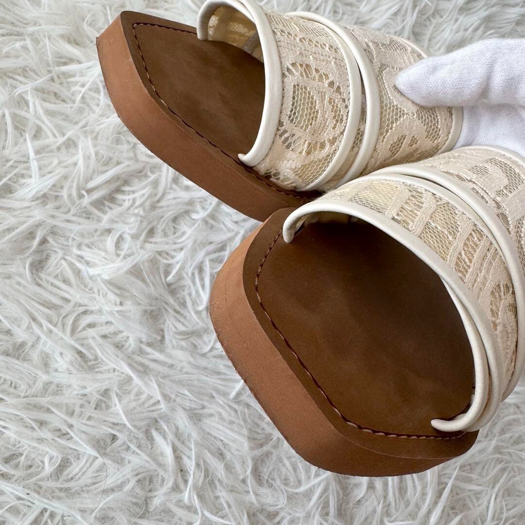 【Chloe】ウッディ オープントゥ スリッポン スライド Chloe Woody Lace Flat Slide Sandals Brown Beige Size 36 JP