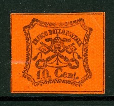 Italy 1867 Roman States 10¢ Black/Vermillion Glazed Original Sc #15 Mint M751