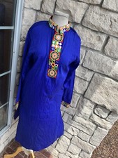 blue Dashiki Dress Embroidered Mirror Accents Kaftan Small/M