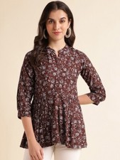 Beautiful Coffee Brown  Greyy Floral Printed A Line Kurti, Dainty Ethnic Wear
