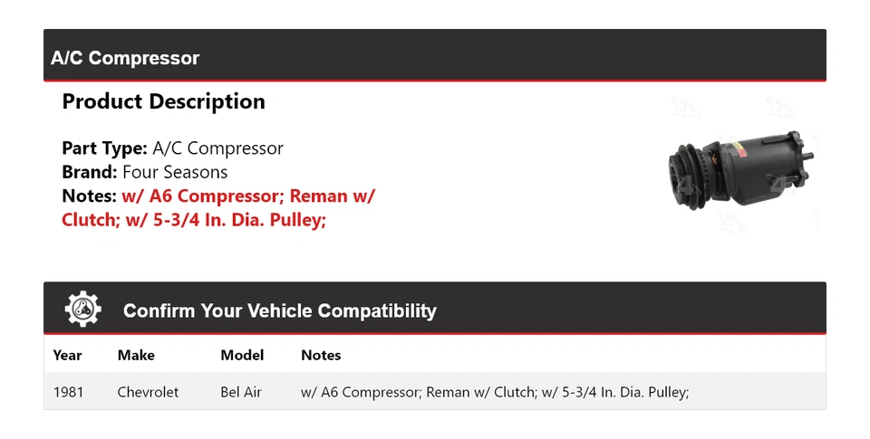 Chevrolet Bel Air 1981 compresor de aire acondicionado 4 estaciones Foto 2 de 4