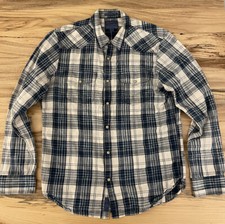 Lucky Brand Men's M True Indigo Pearl Snap Western Shirt Blue White Plaid Cotton