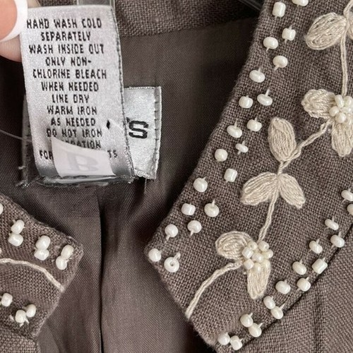 Chicos 0 Beige Linen Embroidered 3/4 Sleeve Open Front Jacket Size Small - Picture 5 of 5