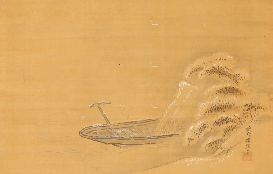 KAKEJIKU PERGAMINO COLGANTE / Barco de paisaje en la nieve por Tanshin Kano 狩野探信守政 #635 Foto 3 de 4