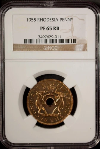 Rhodesia & Nyasaland Penny 1955  NGC PF 65 RB UNC Very Low Mintage