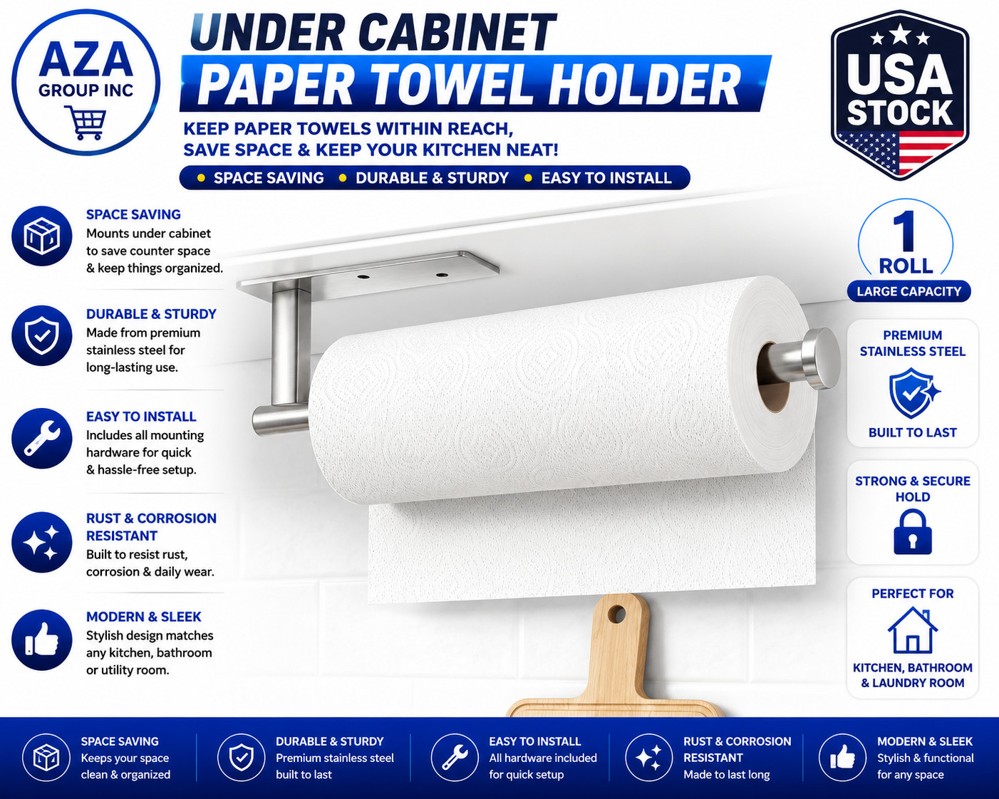  Cabinet Paper Towel Holder Stainless Steel Wall Mount Self-Adhesive or Dri