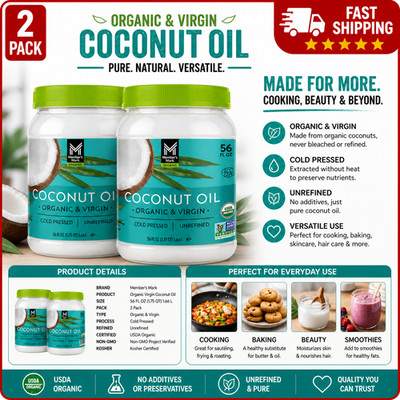 2PACK Member's Mark Organic Virgin Coconut Oil, 56oz