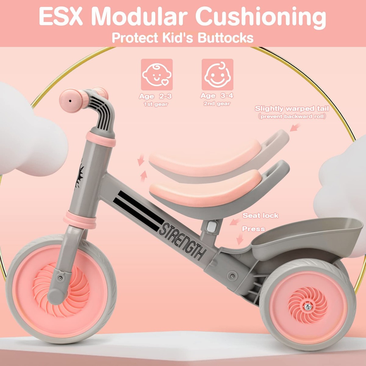 Balance Bike Pink Tricycle for 2-4 Year Olds, Baby Toddler