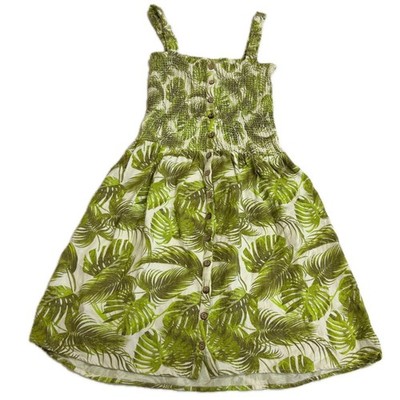 Chaser Dress Womens Medium Green Tropical Palm Leaf Linen Blend Smocked Boho