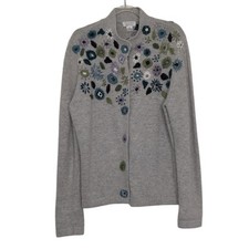 Christopher  Banks Embroidered Floral Cardigan Womens Size Medium Gray Snap