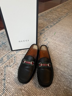 Iconic $1100 Gucci  horsebit loafers 8.5 Men s Floor DIsplay  Red Green Stripe