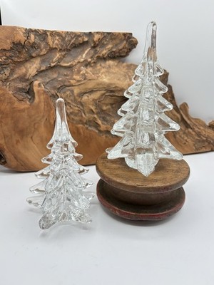 Two Vintage Heavy  Blown Art Glass Christmas Trees 5.5  And 6  Decor Pine Lodge