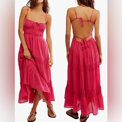 NEW FREE PEOPLE Taking Sides Tiered Cotton Maxi rose bright pink Dress sz L