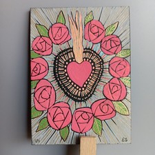 ❤️ACEO Signed ES Original 2.5x3.5" Outsider Art Heart Ink Drawing Art Card OOAK