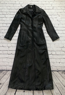 Vintage Echtes Leder Genuine Real Leather Jacket Black Trench Dress Coat