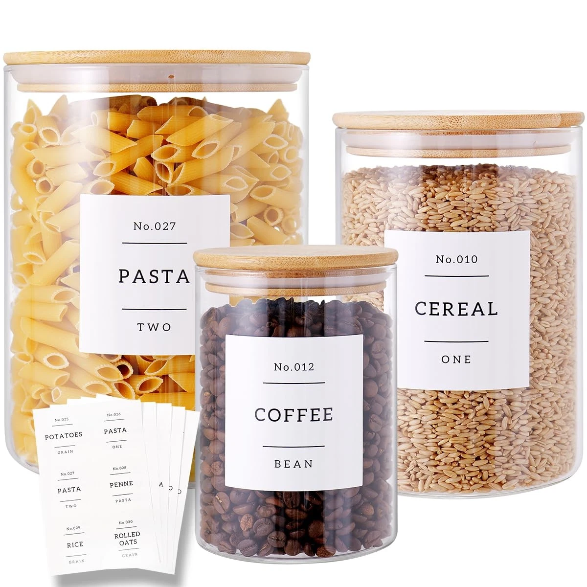 3 Pcs Glass Canisters with Airtight Bamboo Lids and 42 Kitchen Pantry Labels ...