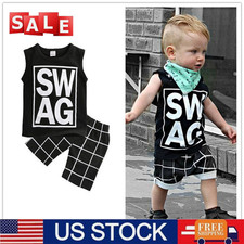 Toddler Baby Boys Black Lettered Vest Checkered Pants Summer Fashion Ensemble