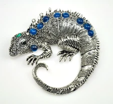 Large iguana brooch Pin blue Baguette Rhinestone Cabochon Lizard Costume 2.5"