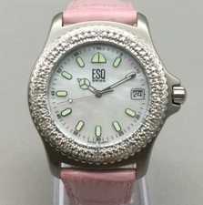 ESQ Swiss Watch Women 40mm Silver Tone MOP Date Pink Leather Band New Battery