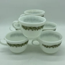 Vintage Pyrex / Corning Spring Blossom  Coffee  Green Crazy Daisy Set Of 6