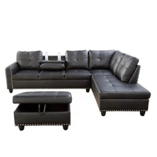 3-Piece L-Shaped Sectional Sofa Set 98″ Wide with Dual Cup Holders,Black